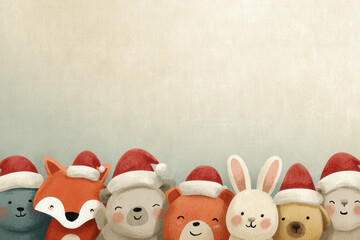 Multiple smiling animals wearing a santa hat on pastel background
