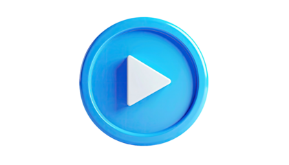 A glossy, blue circle with a white play button on a stark black background