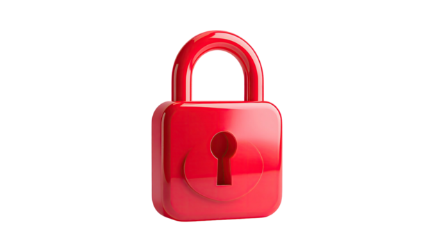 A glossy, red padlock icon, rendered in 3D, on a stark black background