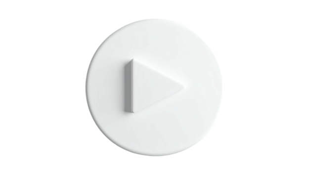 3D white circular button with a central, raised triangular play symbol - Powered by Adobe