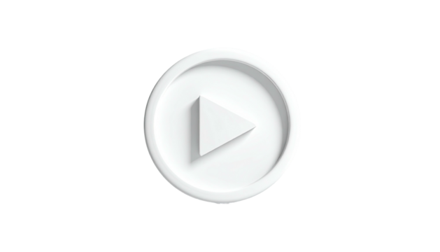 A 3D rendered white play button inside a circle, isolated on black