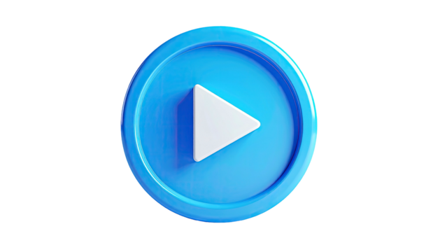A glossy, blue circle with a white play button on a stark black background