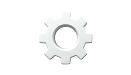 A white 3D gear icon with a slightly raised edge, set against a black backdrop