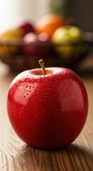 Freshly Washed Red Apple Displayed on a Wooden Surface Close-Up