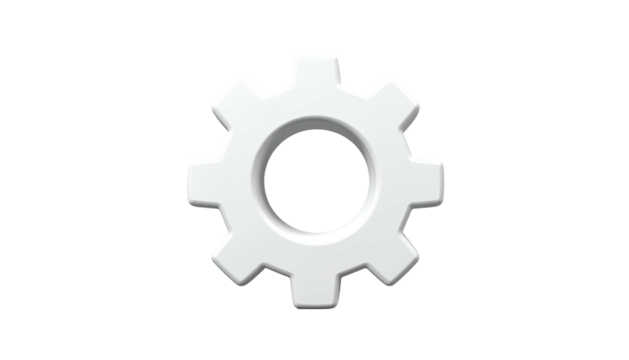 A white 3D gear icon with a slightly raised edge, set against a black backdrop