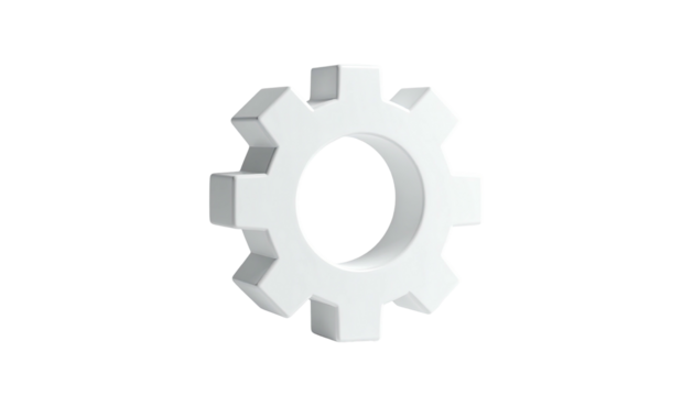 3D white gear icon floating against a black backdrop