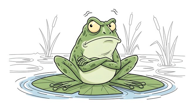 Grumpy green frog with furrowed brow and crossed arms sitting on a lily pad.