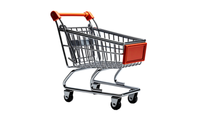 Shiny, chrome shopping cart on a black background, rendered with highlights