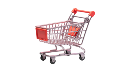 A 3D rendered shopping cart with a red accent on a black background