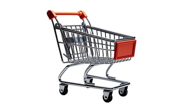 Shiny, chrome shopping cart on a black background, rendered with highlights