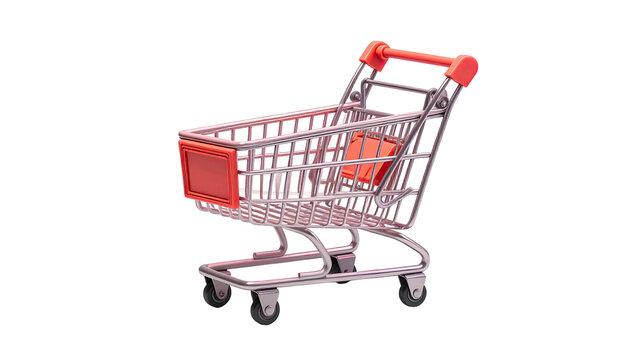 A 3D rendered shopping cart with a red accent on a black background - Powered by Adobe