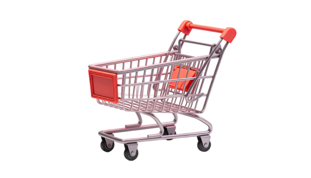 A 3D rendered shopping cart with a red accent on a black background