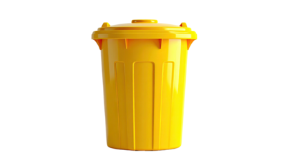 A bright yellow garbage receptacle with a lid, set against a black backdrop