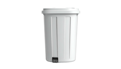 A pristine, white plastic waste container, rectangular with a lid, isolated on black