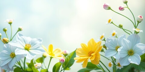 Softly lit flowers including yellow and white dahlias and buds arranged against a muted background create a delicate floral arrangement evoking sptime charm.