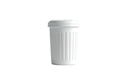 A cylindrical white bin with a lid and vertical ribbed sides, set against black