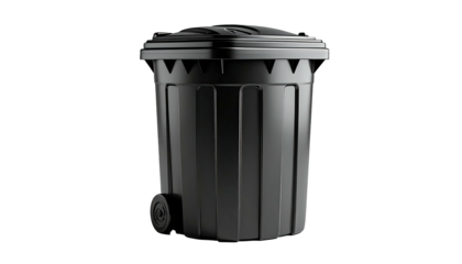 A sleek, black waste container with a lid and wheels, set against a dark background