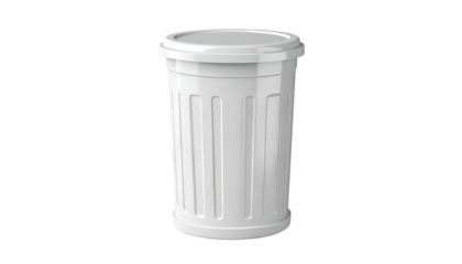 A cylindrical, white, ribbed trash receptacle with a lid on a dark background