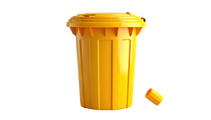 A vibrant yellow trash can with its lid and a discarded small piece on black background