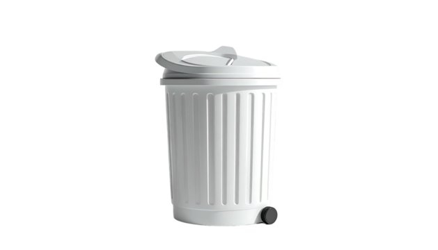 A white waste receptacle with a hinged lid, foot pedal, and vertical ribbing