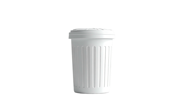 A cylindrical white bin with a lid and vertical ribbed sides, set against black
