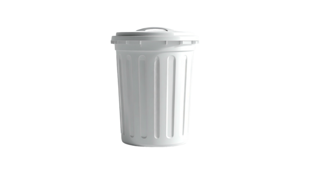 A white plastic garbage can stands against a black background