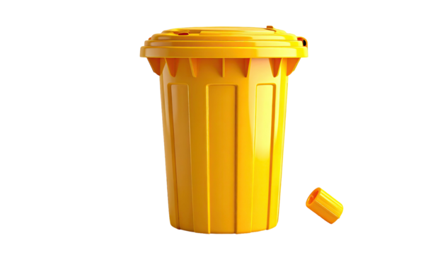 A vibrant yellow trash can with its lid and a discarded small piece on black background - Powered by Adobe