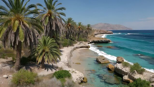 Scenic Landscape View Featuring a Coastal Area Where a Sea Meets a Freshwater River and a Grove of Palm