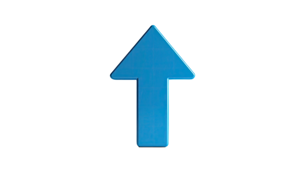 A glossy, bright blue arrow pointing upwards, set against a stark black background - Powered by Adobe
