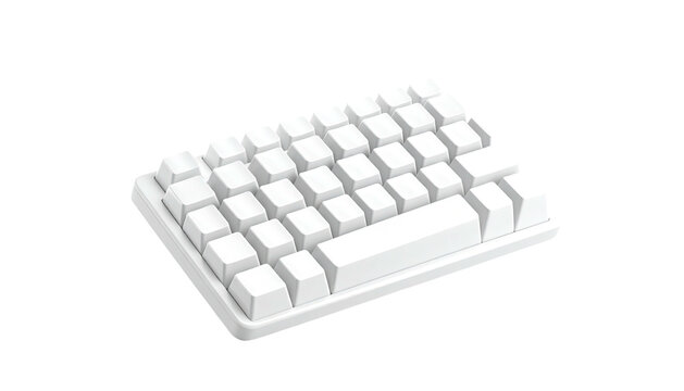 A compact white keyboard with 4 rows of keys, isolated against a black background