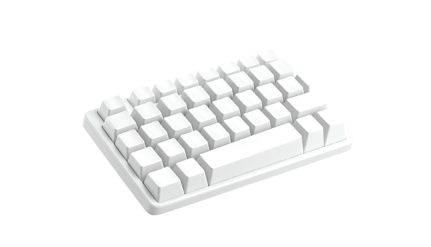 A compact white keyboard with 4 rows of keys, isolated against a black background