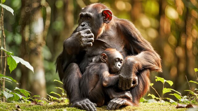 Chimpanzee Mother Hugging and Protecting Baby in Jungle, Primate Family