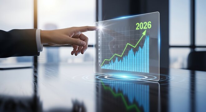 Businessperson hand touching holographic digital chart with upward trending graph and the year 2026 