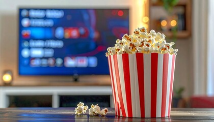 Bucket of popcorn in focus; a television in the blurry background