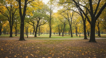 Naklejka premium Beautiful Autumn Landscape in a City Park with Colorful Foliage and Fallen Leaves Creating a Scenic and Tranquil Ambiance