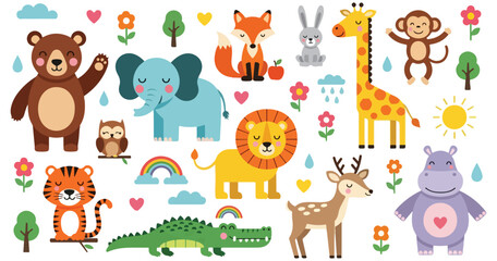 Obraz premium Adorable Wildlife Cartoon Set – Fun Kids Animal Vector Graphics