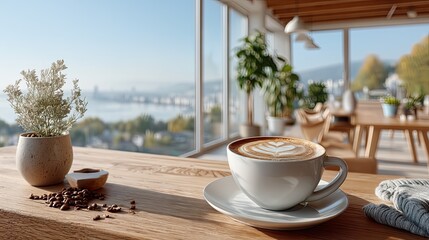 Steaming Latte Coffee Cup on a Wooden Table with a Scenic City View and Green Plants in the Background on a Sunny Day