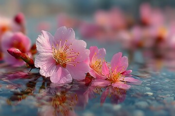 Pink cherry blossoms on reflective water surface.