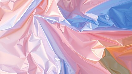 An abstract wrinkled plastic texture displays soft pastel gradients of pink, blue, and beige to create a visually smooth and gentle holographic background.
