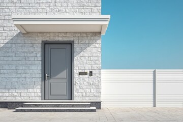 Modern gray door and stone facade with white fence under blue sky.