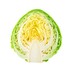 Obraz premium Fresh Cabbage: A close-up shot of a halved cabbage showcases the intricate texture and vibrant colors of the vegetable. This image is perfect for illustrating healthy eating, freshness.