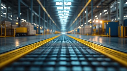 Fototapeta premium Warehouse Corridor: A long, industrial corridor with a yellow stripe, leading the eye down its vast expanse and highlighting its functionality.