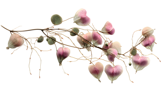 Delicate pink heart seed pods on a slender branch against a stark black backdrop create a striking botanical still life composition