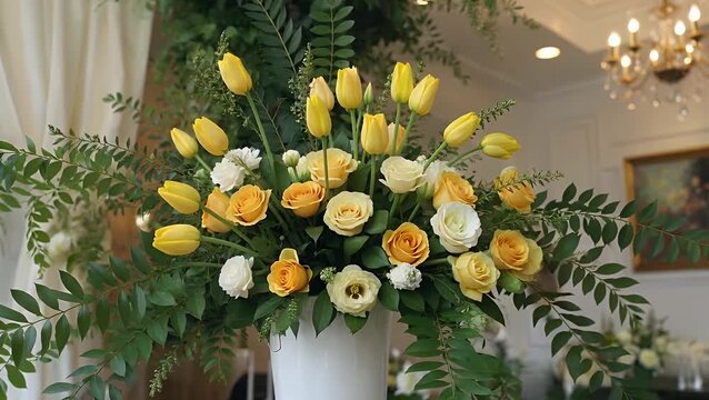 Graceful Floral Composition Showcasing Vibrant Yellow Roses and Tulips Alongside Pure White Blooms Complemented by Lush Green Foliage  Artfully Designed as a Centerpiece in a Vase Within a Warm and