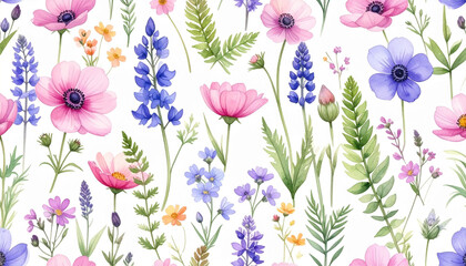 Floral Fantasy: A symphony of spring unfolds in a riot of colors, featuring delicate flowers in a watercolor style that captures the freshness of the season.