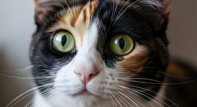 A detailed close-up portrait of a beautiful calico cat with wide, striking green eyes looking directly at the camera.