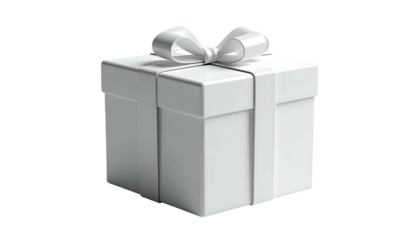 A white, square gift box with a matching bow, presented on a dark background