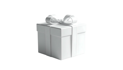 A white, square gift box with a ribbon bow, set against a black background