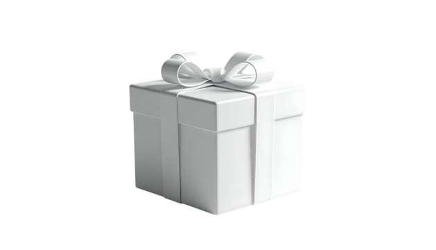 A white, square gift box with a ribbon bow, set against a black background - Powered by Adobe
