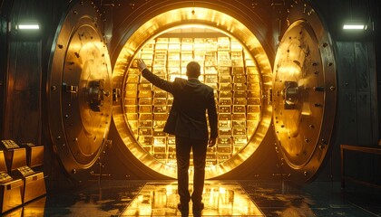 Businessman standing before massive vault filled with gold bars